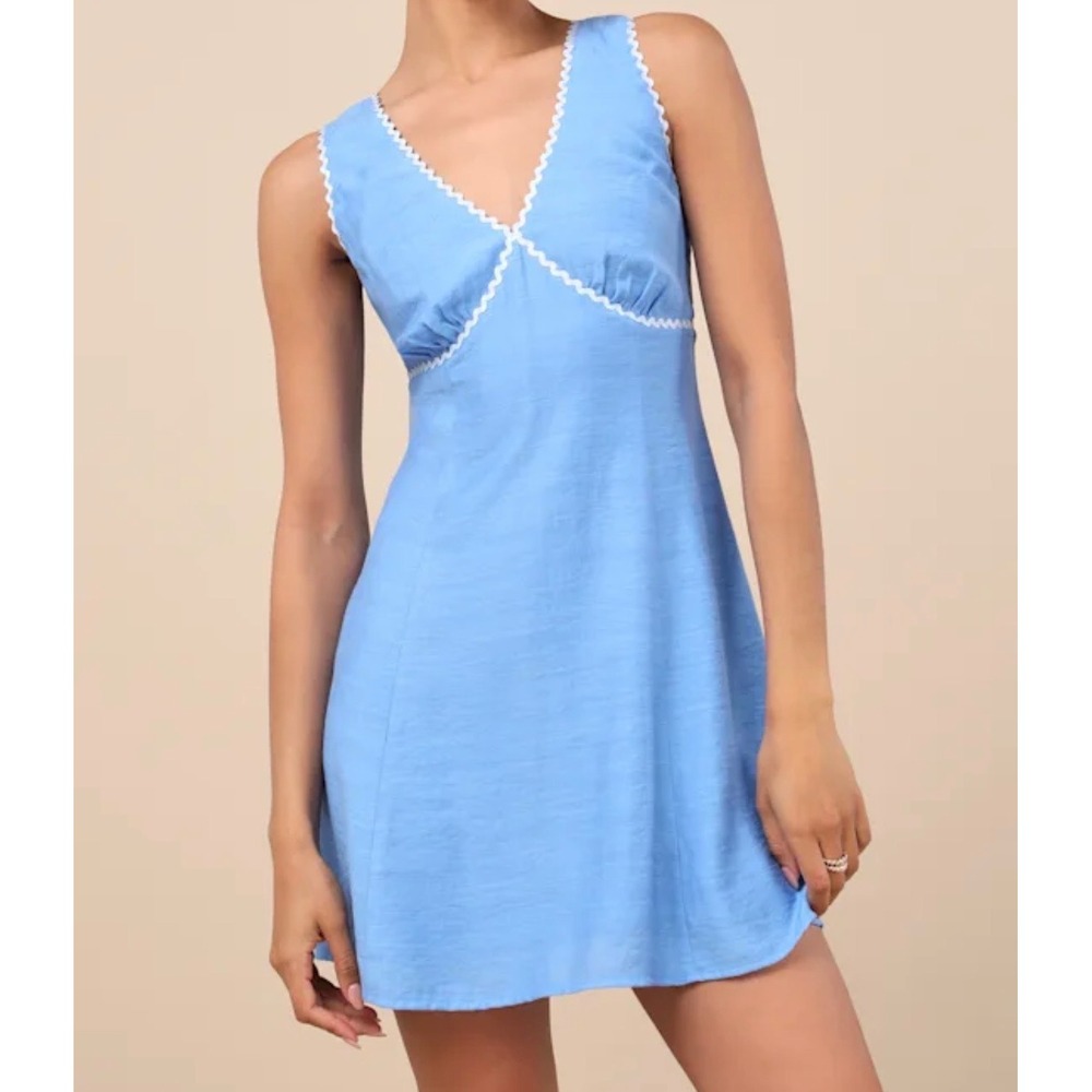 Lulus Arelie Blue Rickrack Sleeveless Mini Dress Medium NWT Flaw